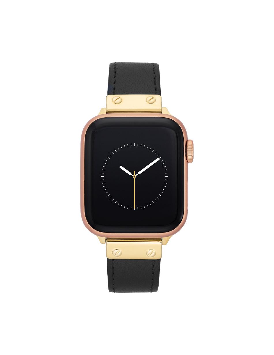 Anne Klein Leather Band Apple Watch Accessories Black / Gold | QSGUV86659