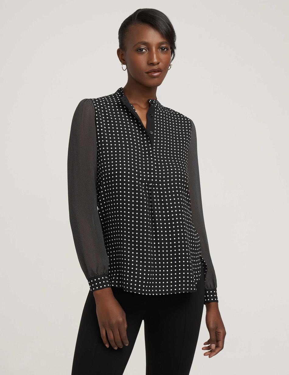 Anne Klein Long Sheer Sleeve Poet Blouse Tops Black / White | SGZPD32806