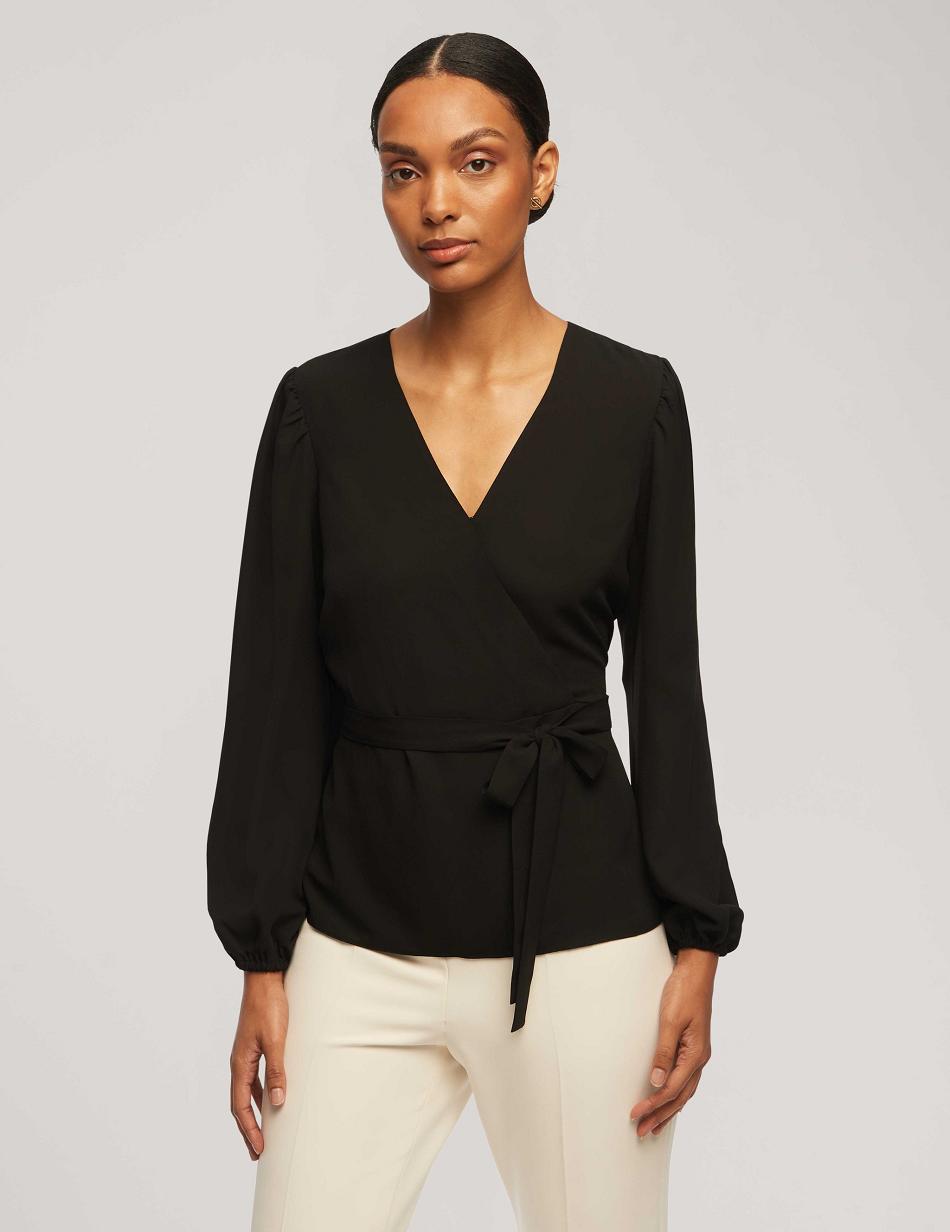 Anne Klein Long Sleeve Crossover Blouse Tops Black | SSGVO65700