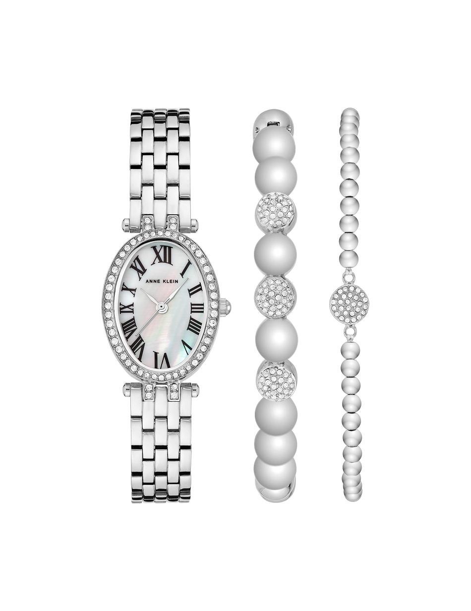 Anne Klein Oval Watch and Bracelet Set with Premium Crystals Metals Silver | SGIIZ81043