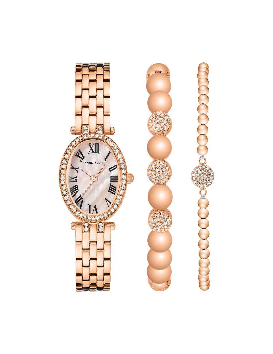 Anne Klein Oval Watch and Bracelet Set with Premium Crystals Metals Rose / Gold | SGJBT60257