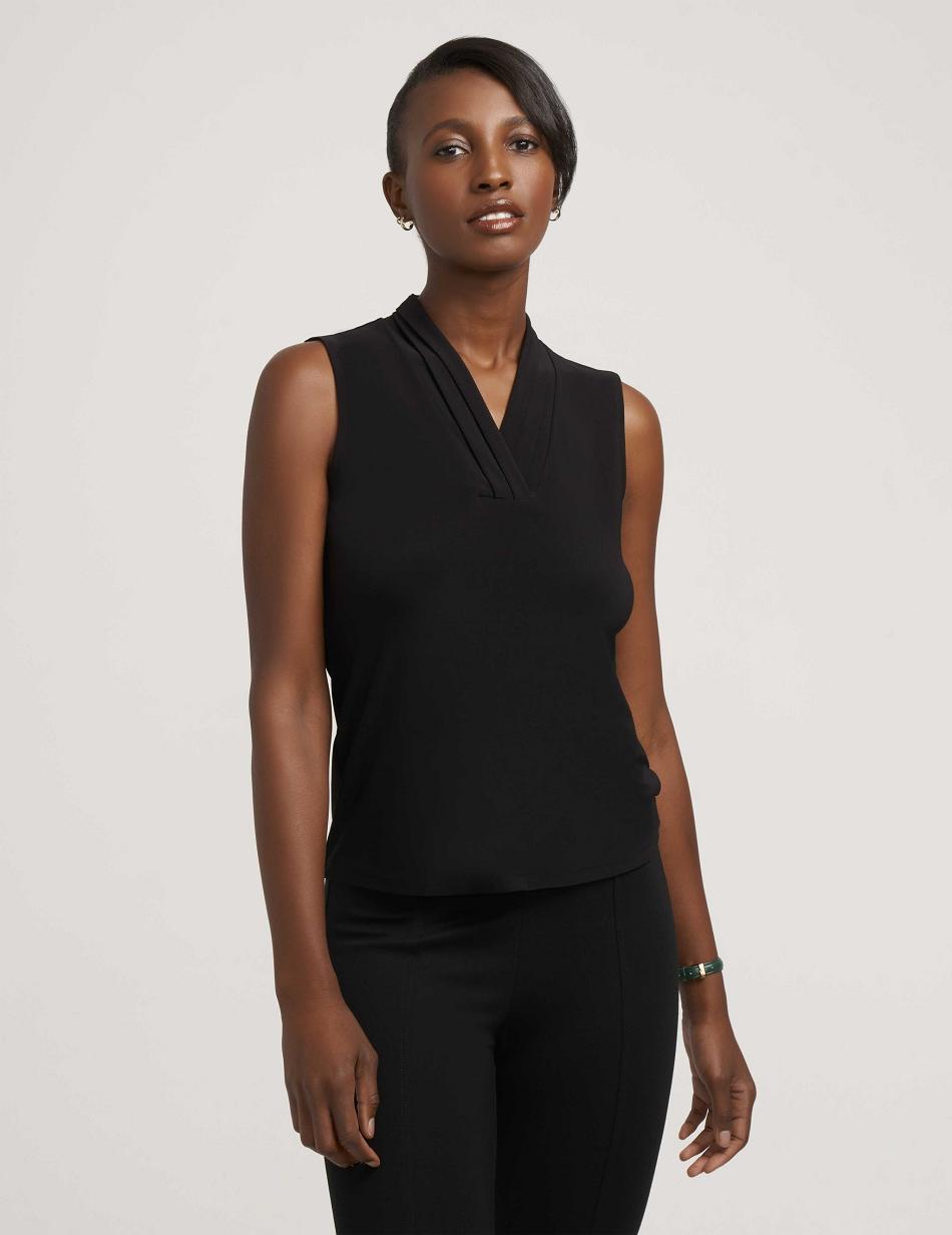 Anne Klein Petite V-Neck Triple Pleat Top Tops Black | SGQCS65653