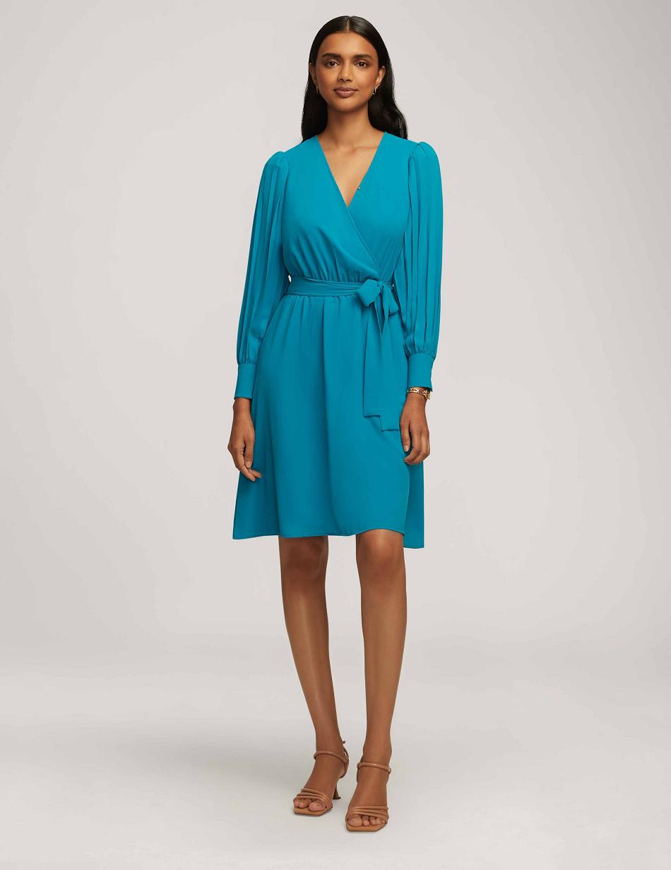 Anne Klein Pleated Sleeve Dress Turquoise | SGCIF54316