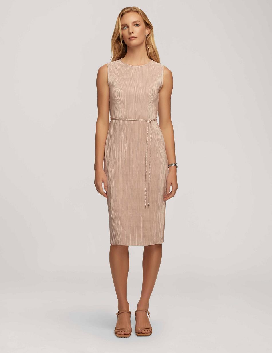 Anne Klein Pleated With Tie Waist Dress Beige | SGXBR22483