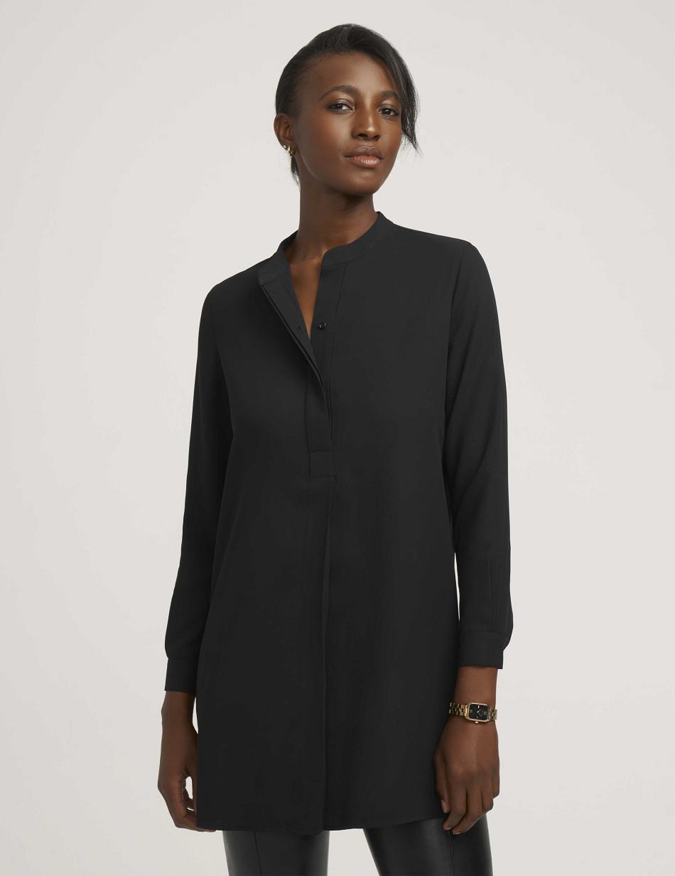 Anne Klein Pop-Over Blouse With Covered Placket And Side Slits Petite Black | SGXBR59005