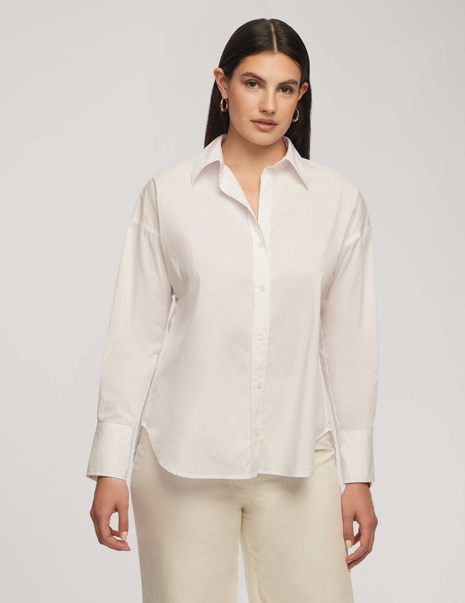 Anne Klein Poplin Button-Down Long Sleeve Blouse Tops White | SGEAH84561