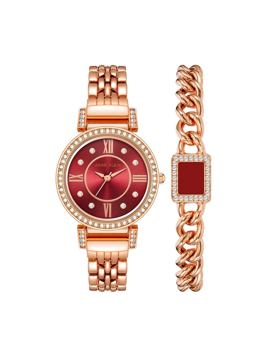 Anne Klein Premium Crystal Watch and Bracelet Sets Burgundy / Rose / Gold | SGNZX93529