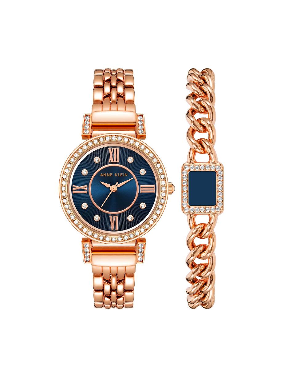 Anne Klein Premium Crystal Watch and Bracelet Sets Navy / Rose / Gold | SGXMI82138