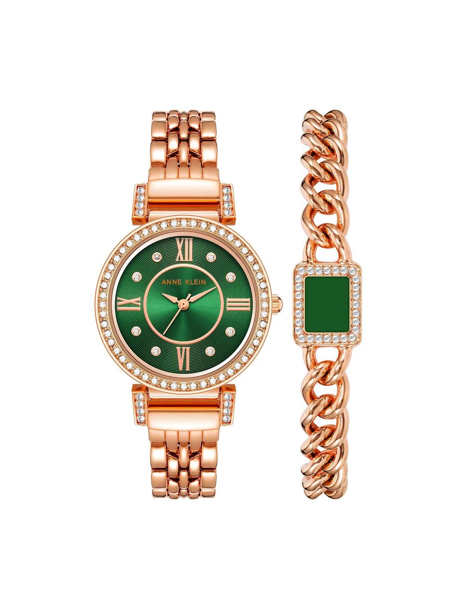 Anne Klein Premium Crystal Watch and Bracelet Sets Green / Rose / Gold | SSGNY60235