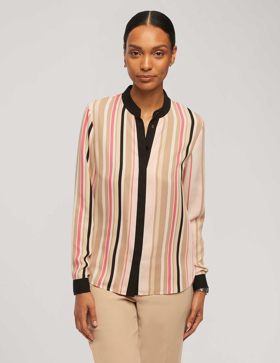 Anne Klein Printed Collarless Oxford Top Tops Pink / Multicolor | SGJVR51879