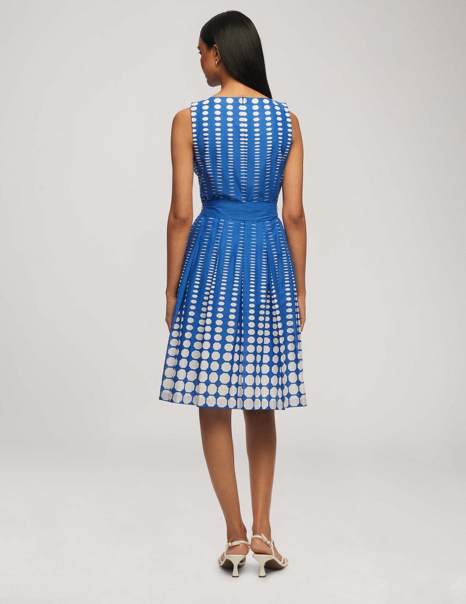 Anne Klein Printed Cotton Fit & Flare With Sash Dress Blue / White | SGZDE92072