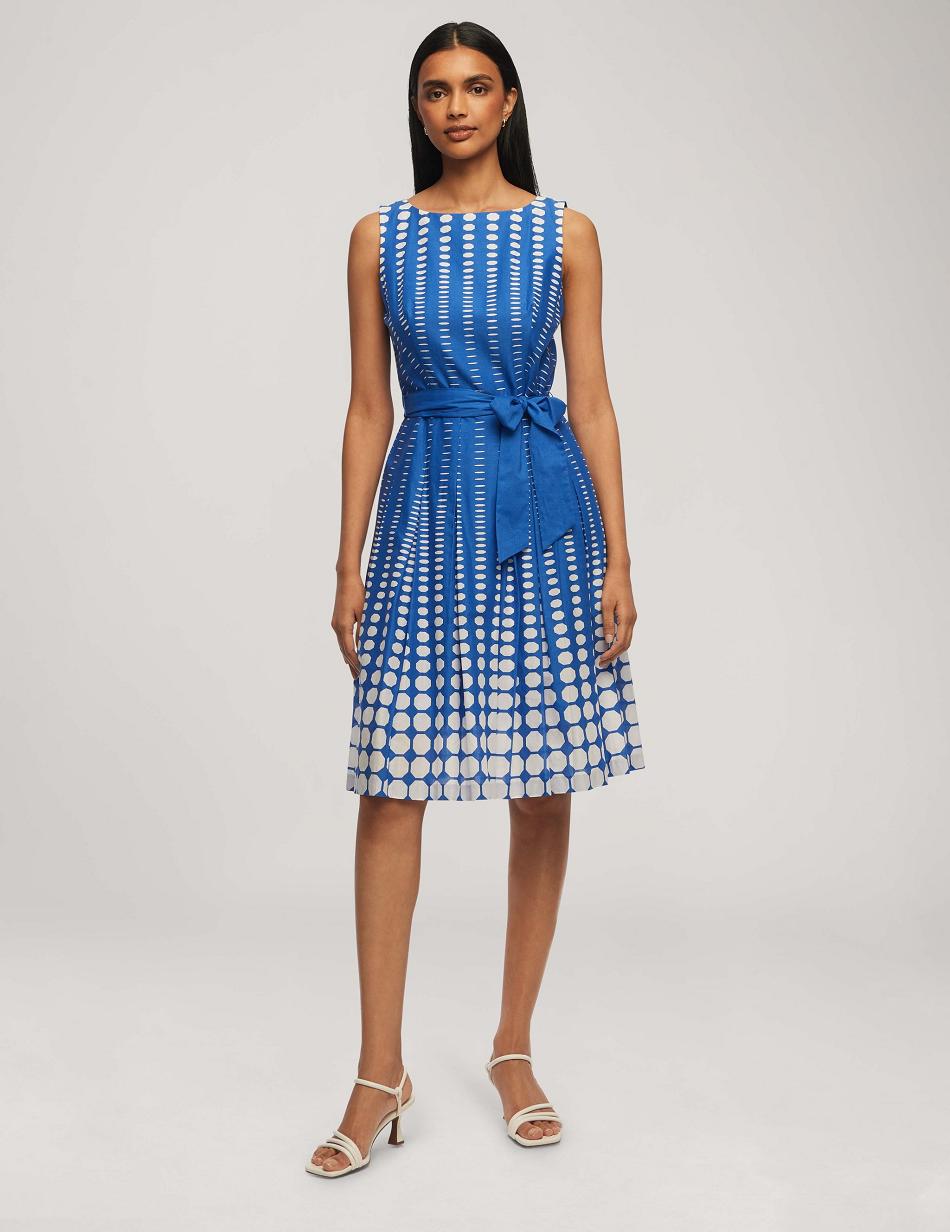 Anne Klein Printed Cotton Fit & Flare With Sash Dress Blue / White | SGZDE92072