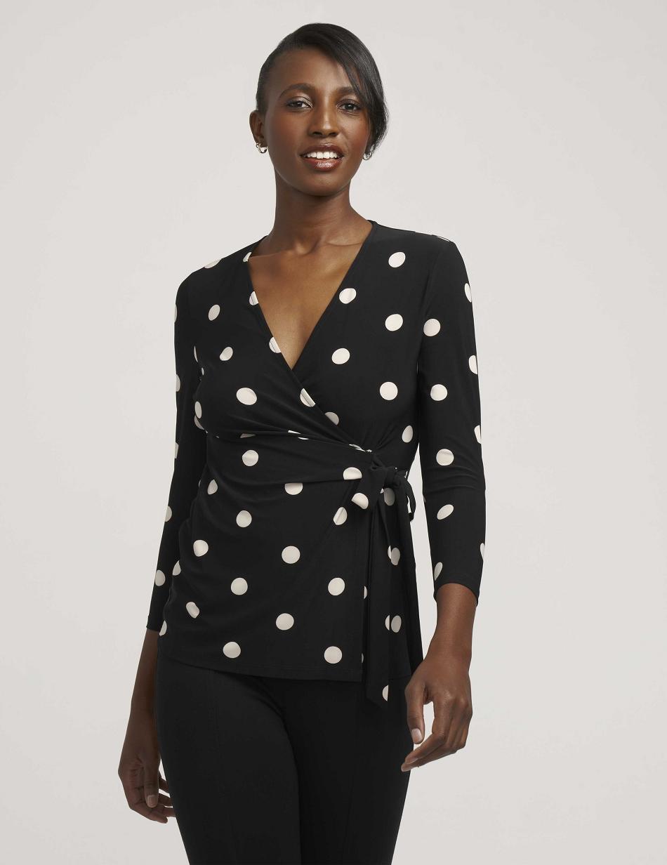 Anne Klein Printed Faux Wrap Top Best Sellers Black / White | SGJKU97706