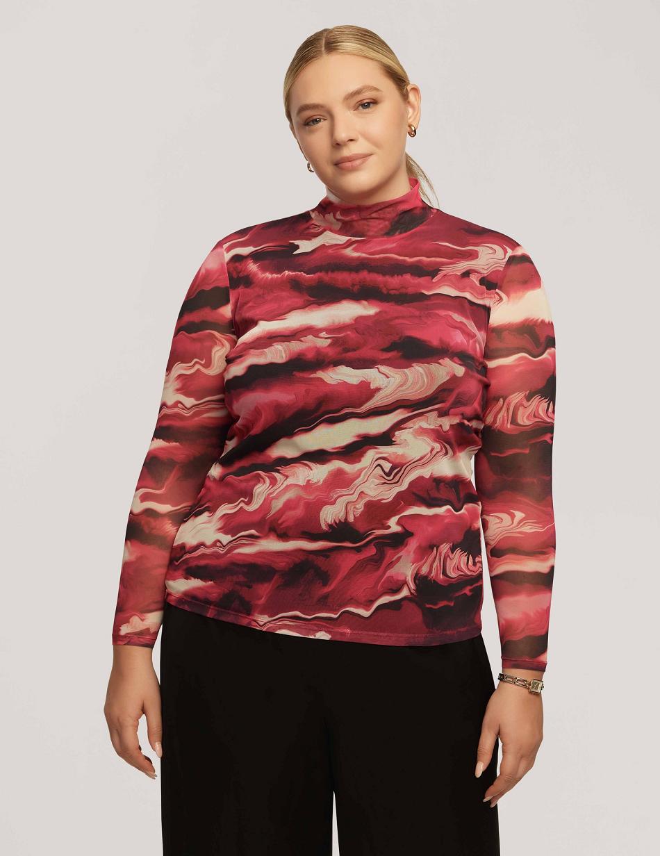 Anne Klein Printed Mesh Long Sleeve Zip Back Mock Neck Plus Size Multicolor | SGDFL14665