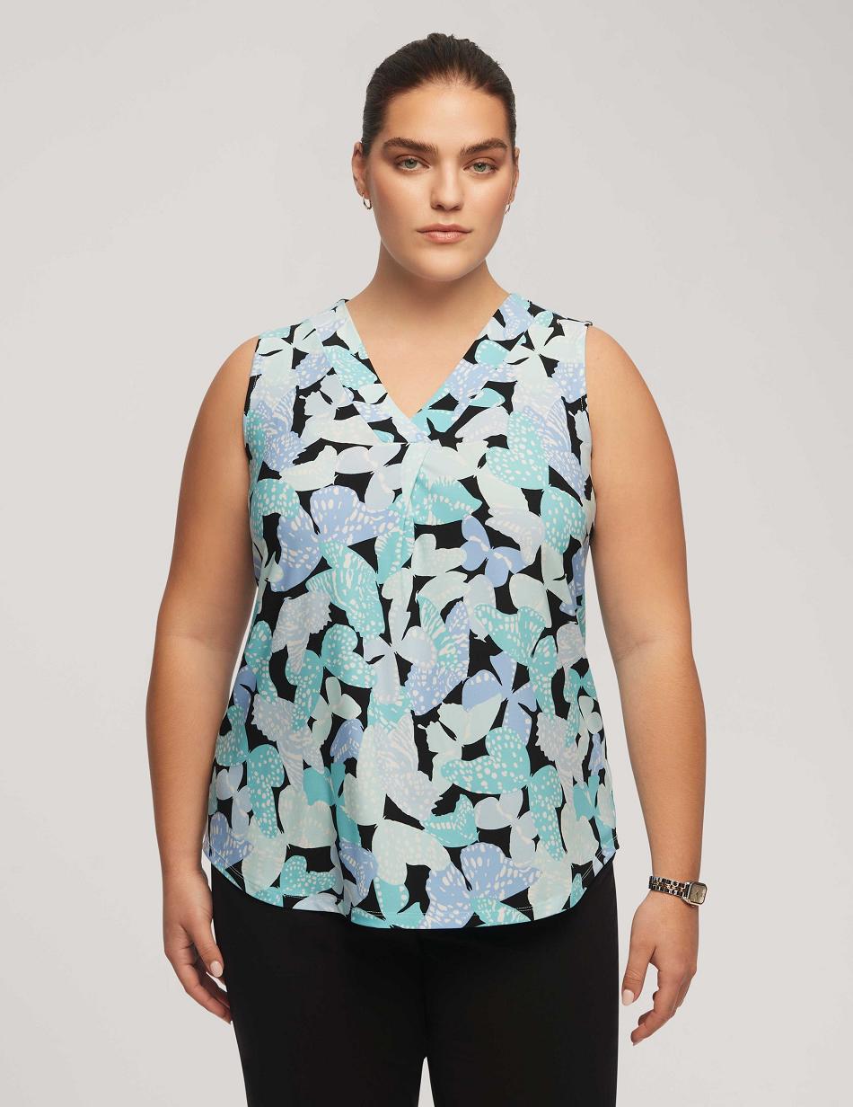 Anne Klein Printed Pleat Front Shell Plus Size Blue / Multicolor | GSGUC75320