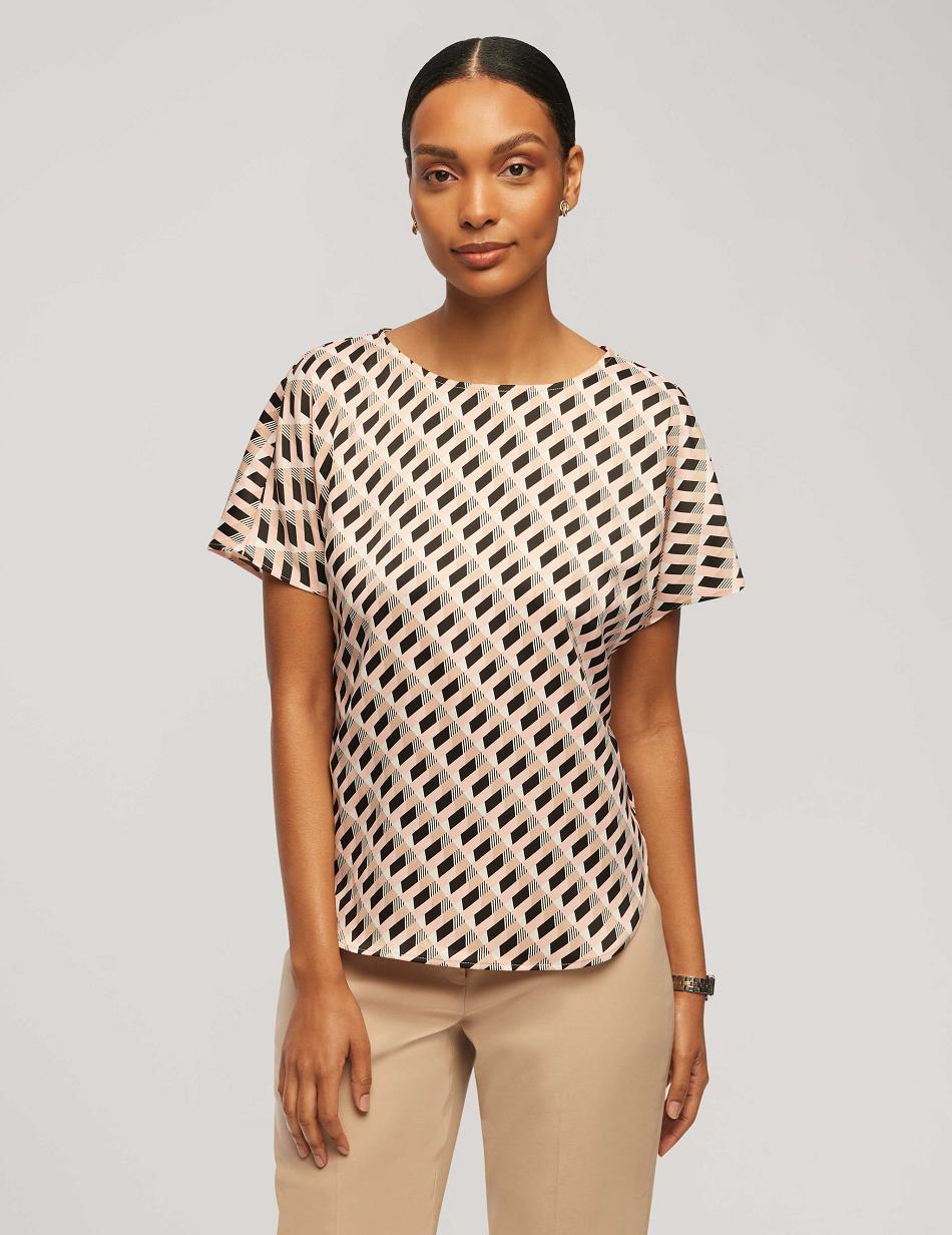 Anne Klein Printed Short Sleeve Blouse With Bateau Neckline Tops Multicolor | LSGSX78059