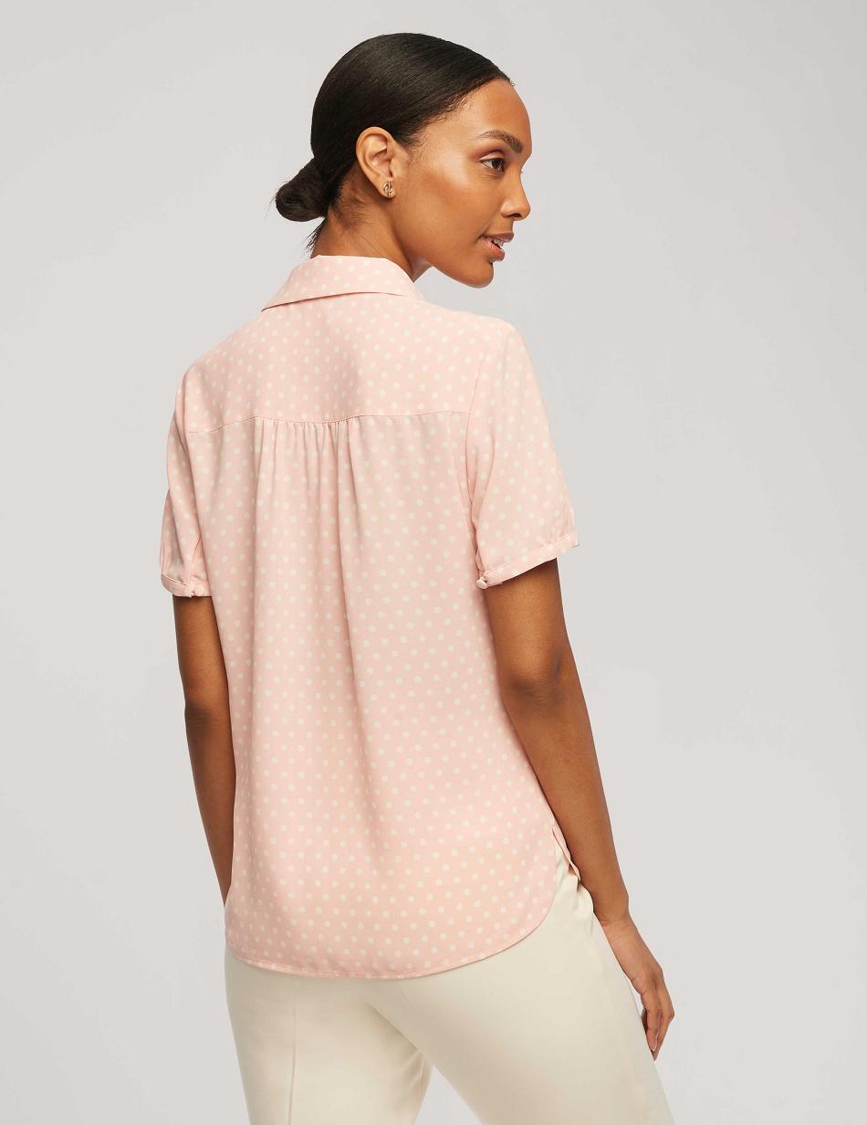 Anne Klein Printed Short Sleeve Button-Up Blouse Tops Pink / White | SGCVG25018