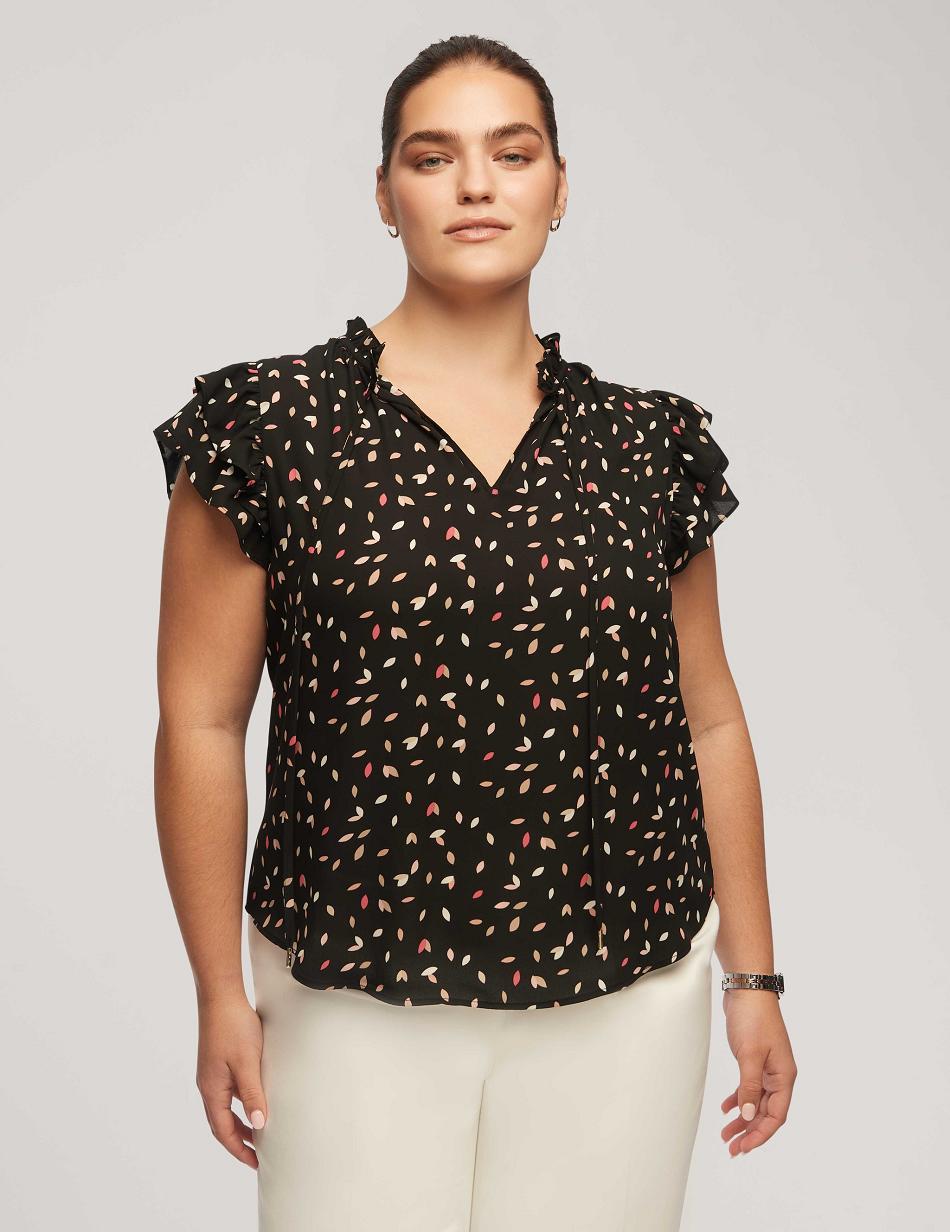 Anne Klein Printed Sleeveless Ruffle Tie Blouse Plus Size Black / Multicolor | YSGGT99369