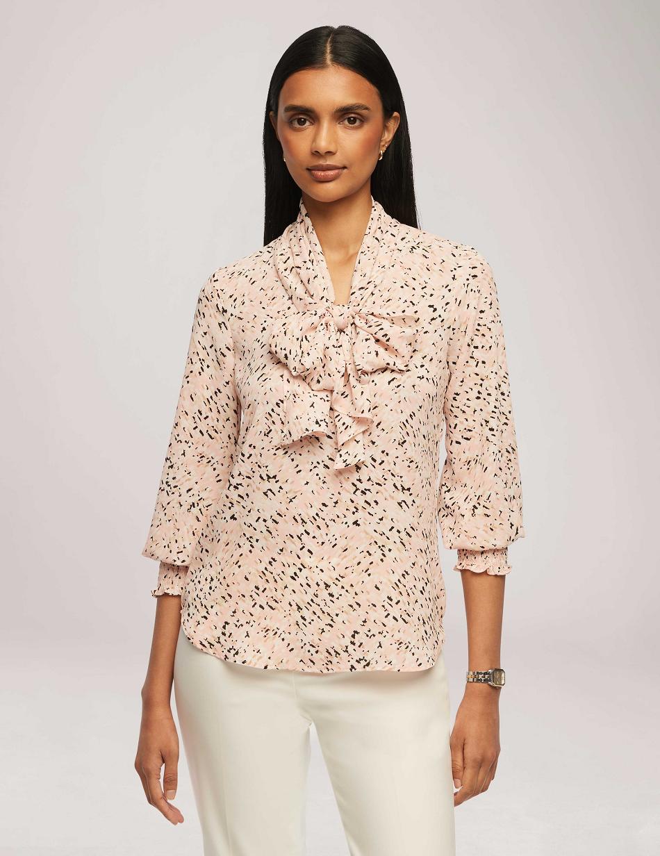 Anne Klein Printed Smocked Cuff Bow Blouse Tops Pink / Multicolor | MSGFT55488