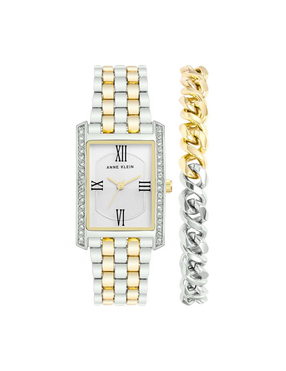 Anne Klein Rectangular Crystal Accented Watch Set with Chain Bracelet Metals Silver / Gold | ESGVG21545