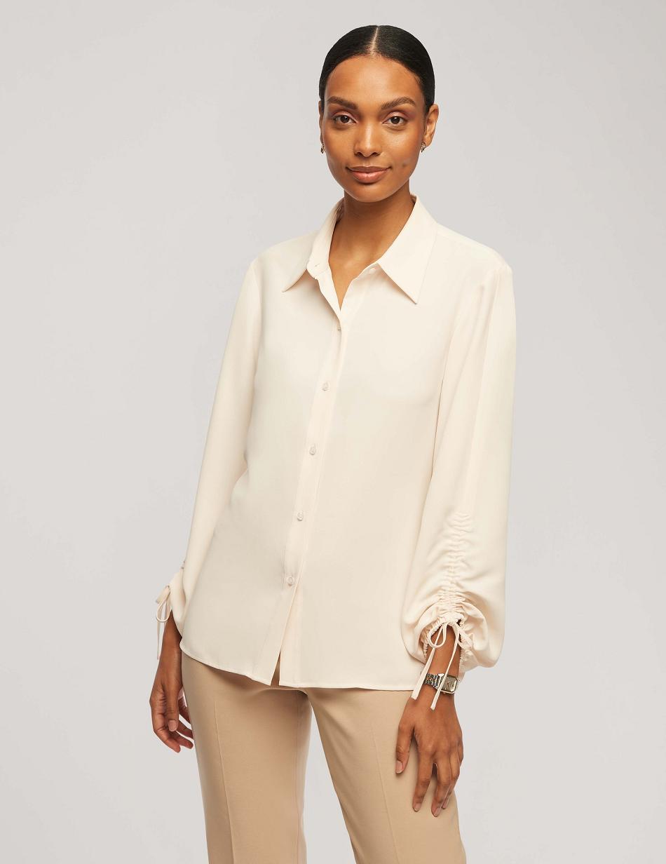 Anne Klein Ruched Sleeve Button-Down Blouse Tops White | ZSGMJ66510