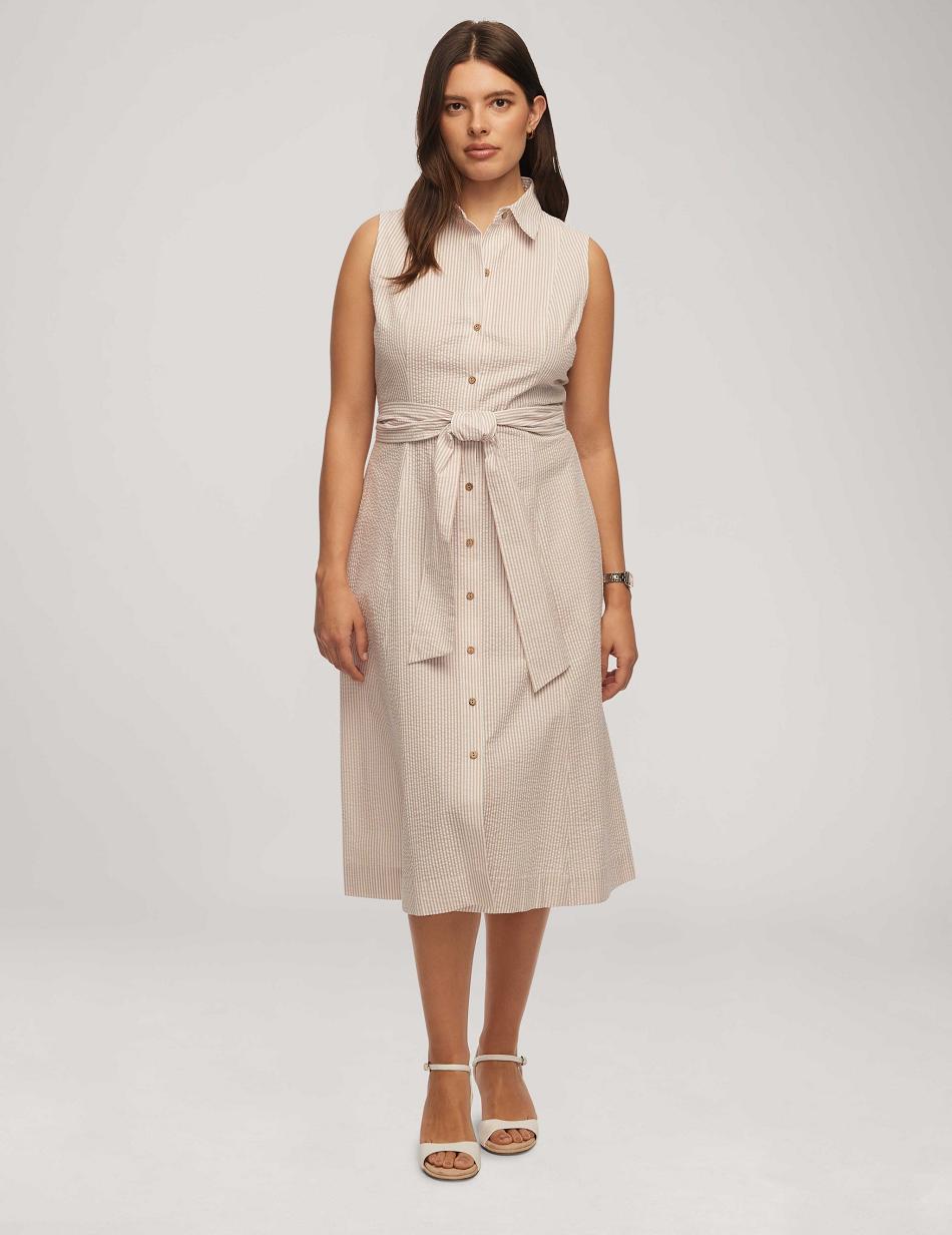 Anne Klein Seersucker Sleeveless Shirt Dress White | GSGEC52806