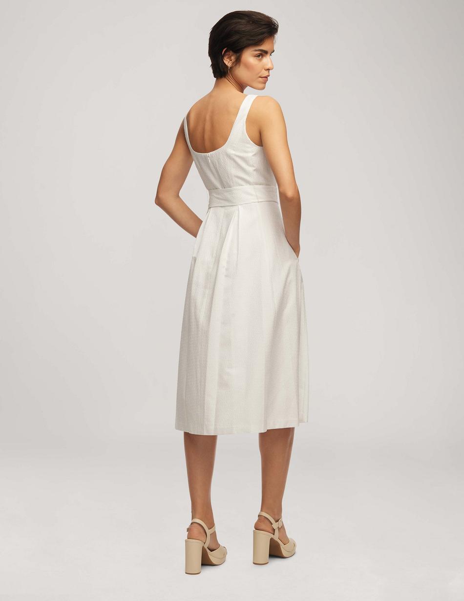 Anne Klein Seersucker Topsitch Midi With Pleats Dress White | SGEGJ99778