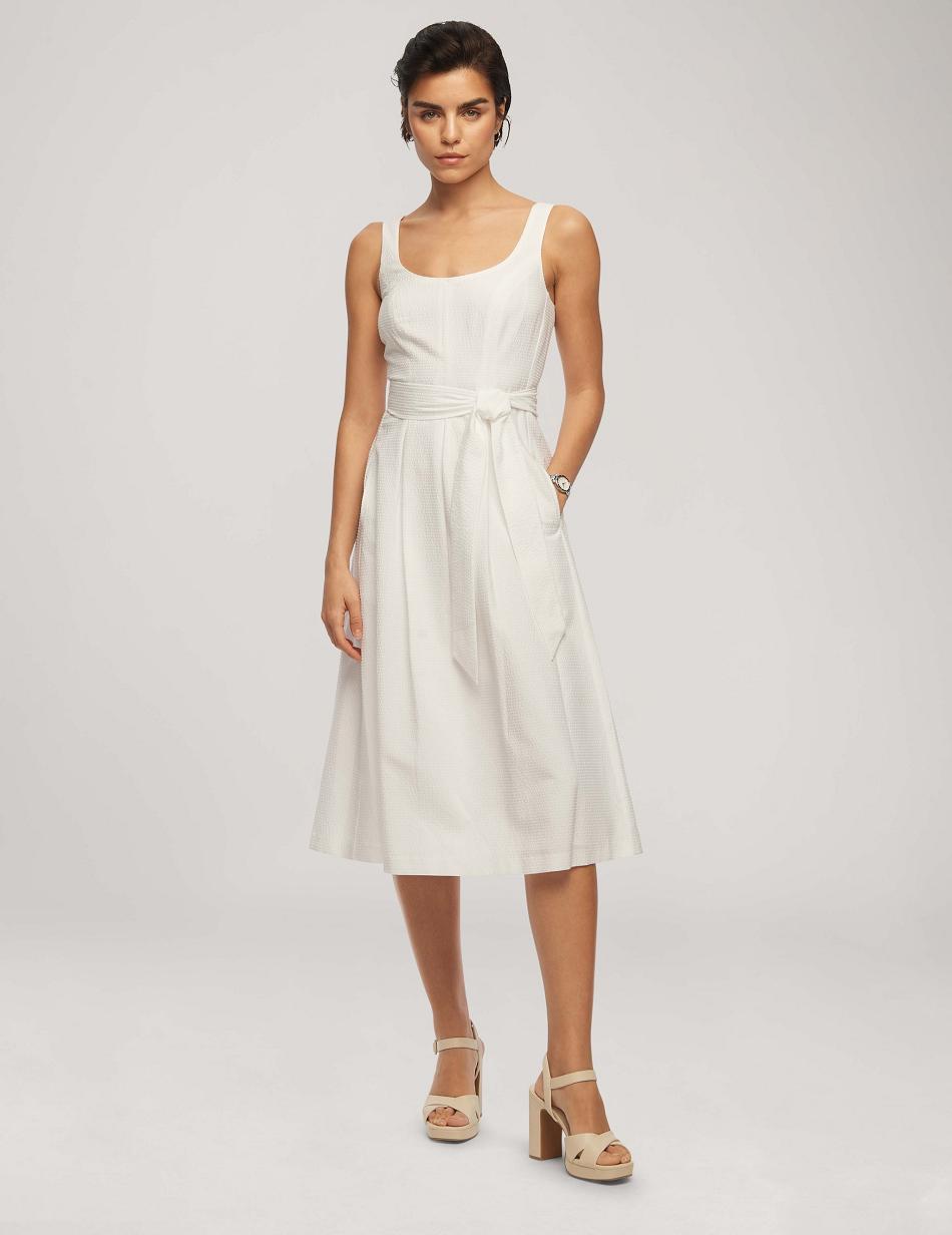 Anne Klein Seersucker Topsitch Midi With Pleats Dress White | SGEGJ99778