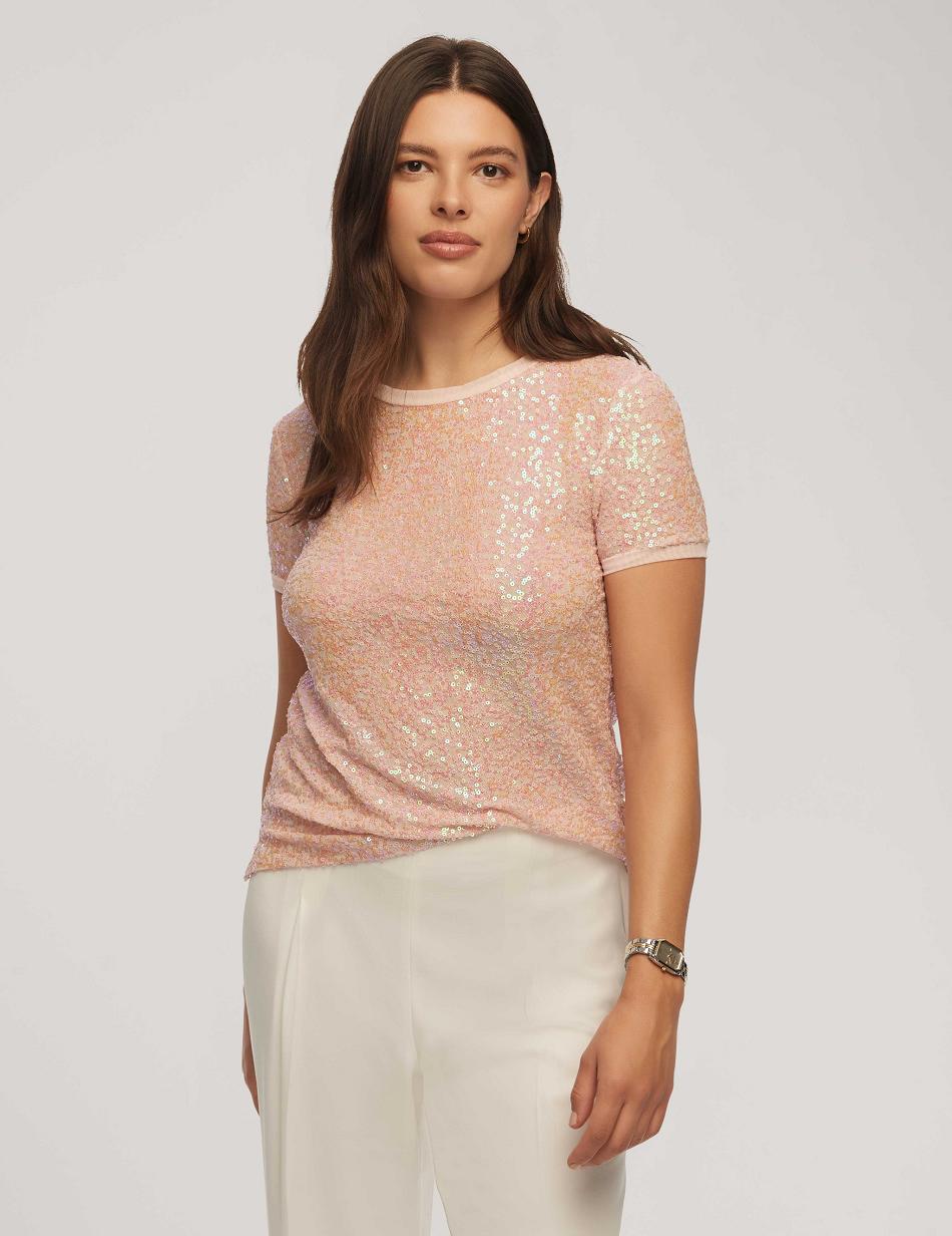 Anne Klein Sequin Mesh W/ Triple Mesh Short Sleeve Banded Tee Tops Pink / Multicolor | SGEGJ49650