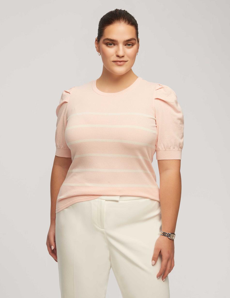 Anne Klein Short Puff Sleeve Crew Neck With Stripes Plus Size Pink / White | QSGWA31300