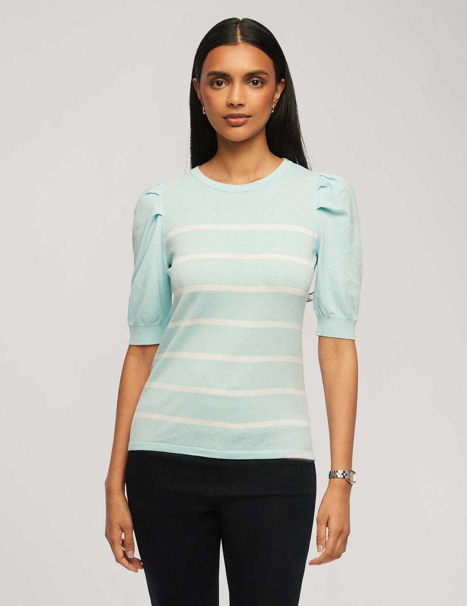 Anne Klein Short Puff Sleeve Crew Neck With Stripes Sweaters Blue / White | SGJZR89819