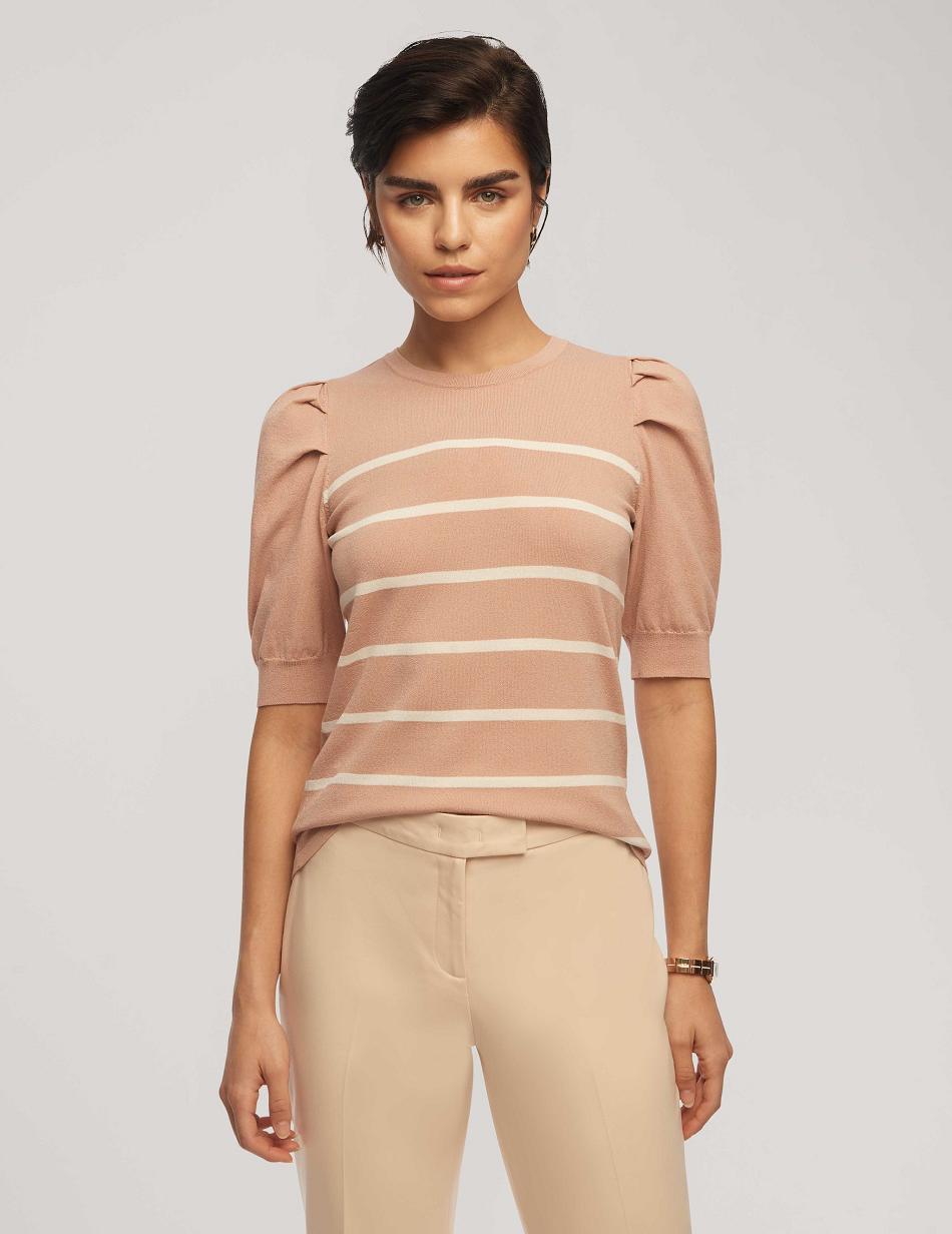 Anne Klein Short Puff Sleeve Crew Neck With Stripes Tops Pink / White | USGND22992