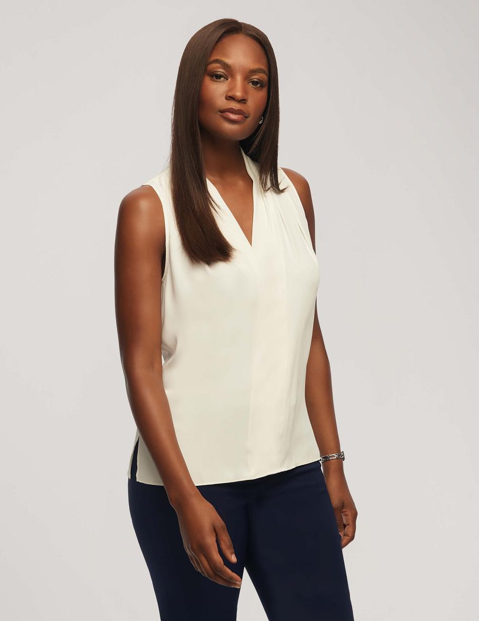 Anne Klein Sleeveless Pleated Shoulder Blouse Tops White | SGZDE25086