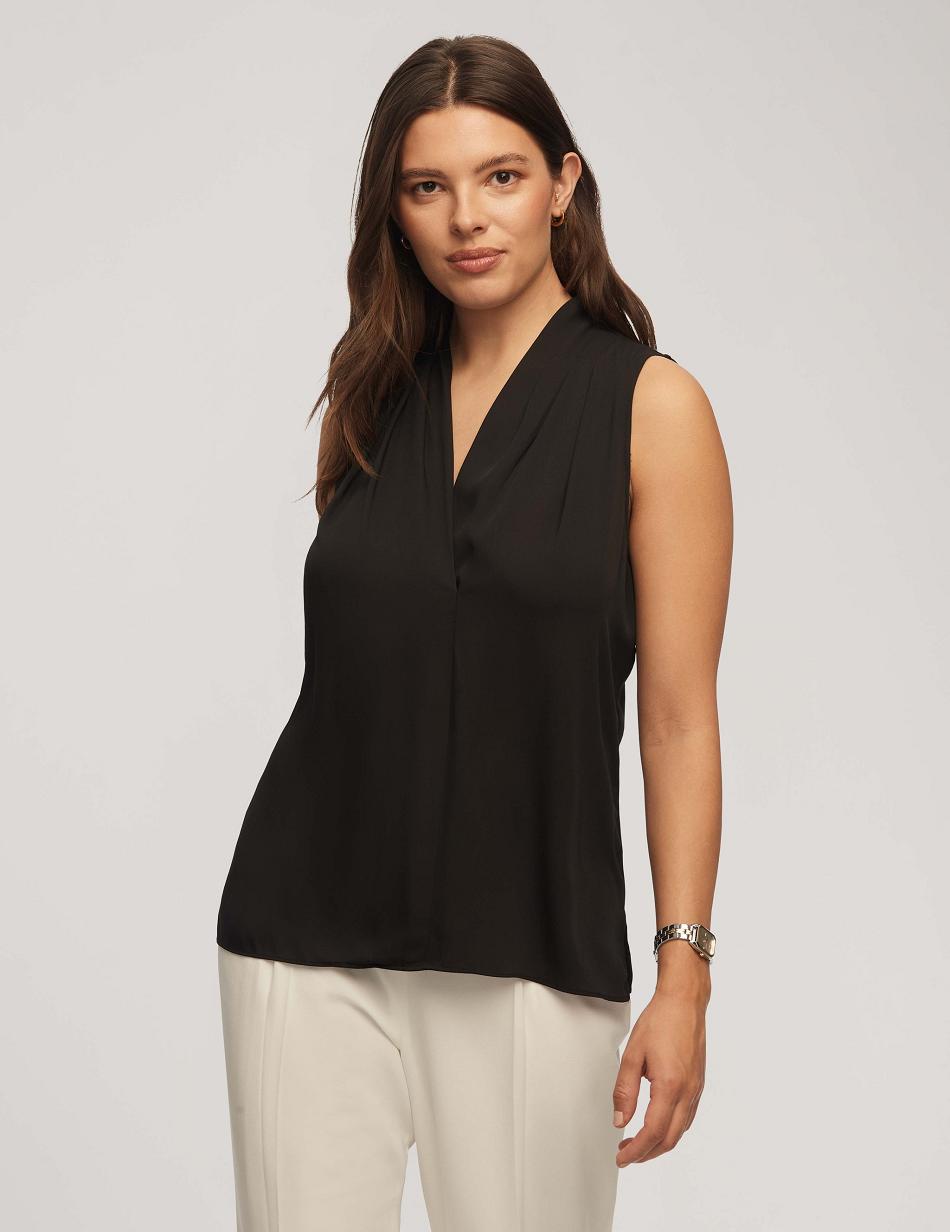 Anne Klein Sleeveless Pleated Shoulder Blouse Tops Black | ZSGNQ50648