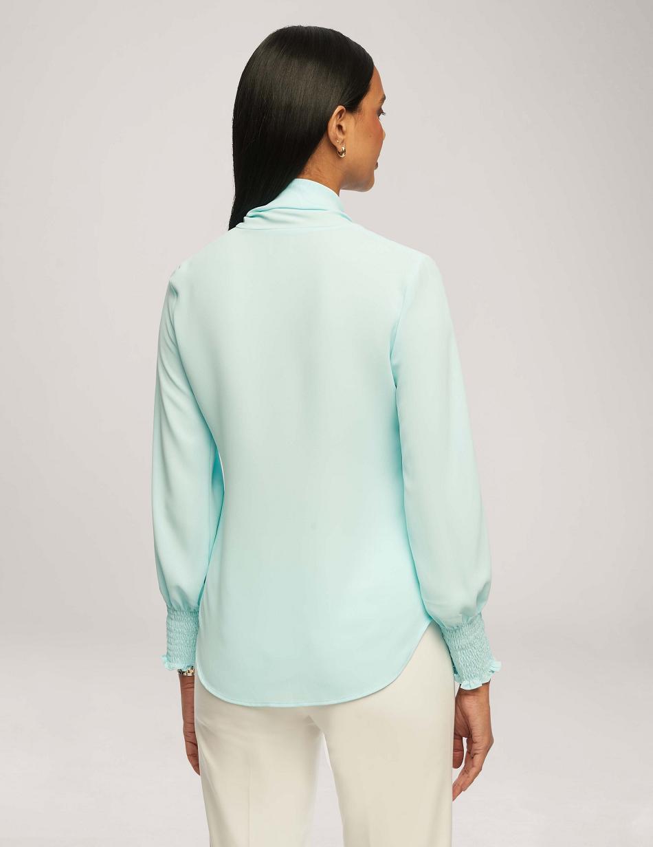 Anne Klein Smocked Cuff Bow Blouse Tops Blue | TSGPQ74240