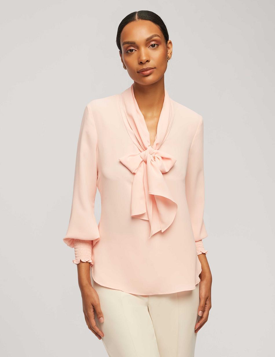 Anne Klein Smocked Cuff Bow Blouse Tops Pink | YSGGT14589