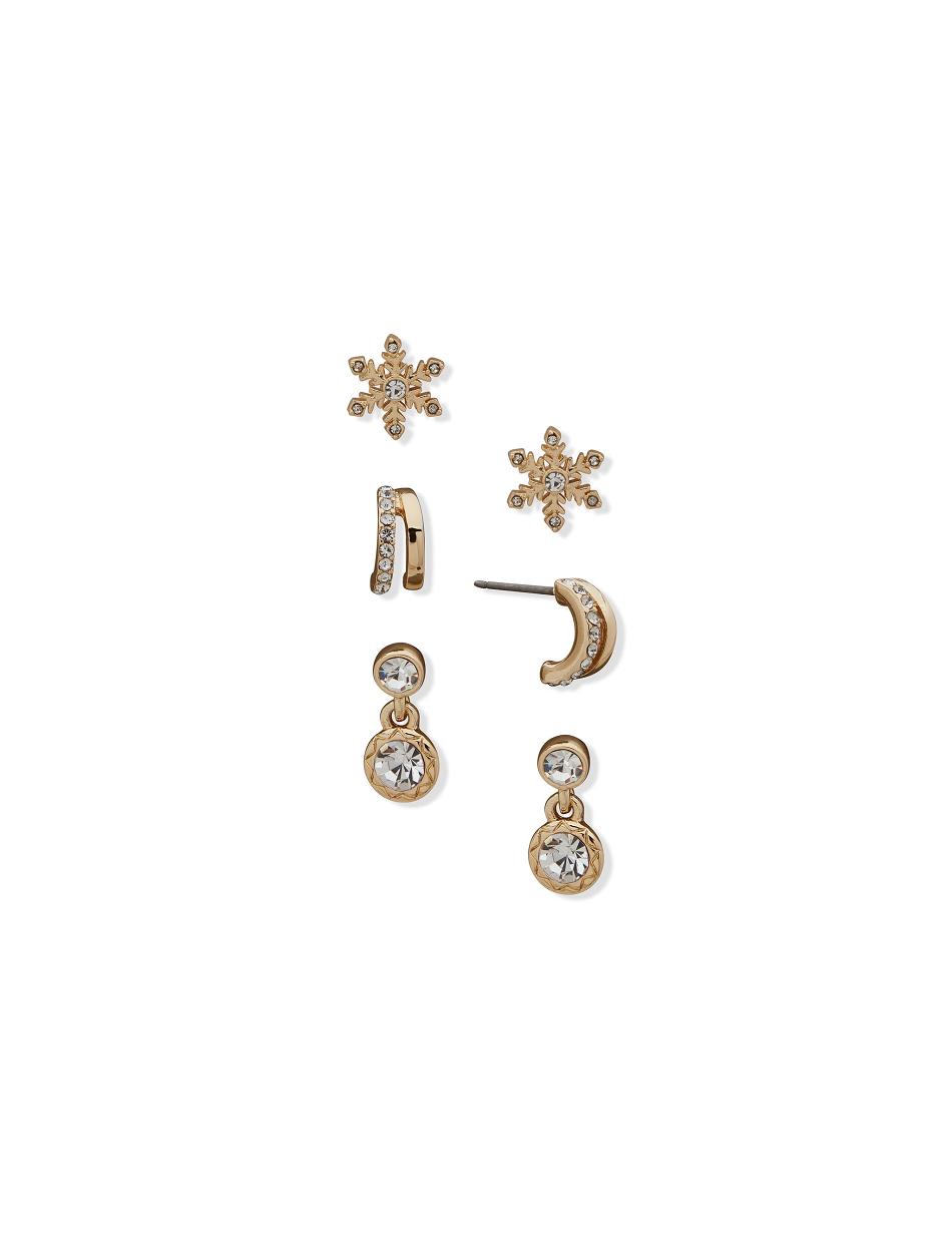 Anne Klein Snowflake Drop and C Hoop Pierced Earring Trio in Gift Box Jewelry Sets Gold | DSGKV13899