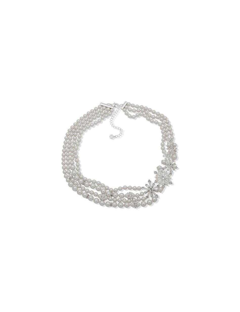 Anne Klein Snowflake Faux Pearl Multirow Necklace Silver | DSGKV59169