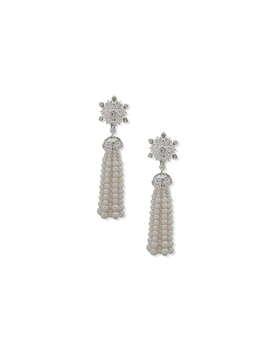 Anne Klein Snowflake Linear Pierced Earring with Faux Pearl Tassel Pierced Earrings Silver | SGXMI37650