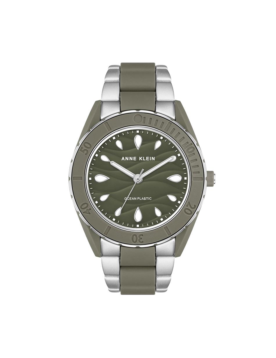 Anne Klein Solar Recycled Ocean Plastic Bracelet Watch Considered Silver / Olive / Green | SGJBT43786