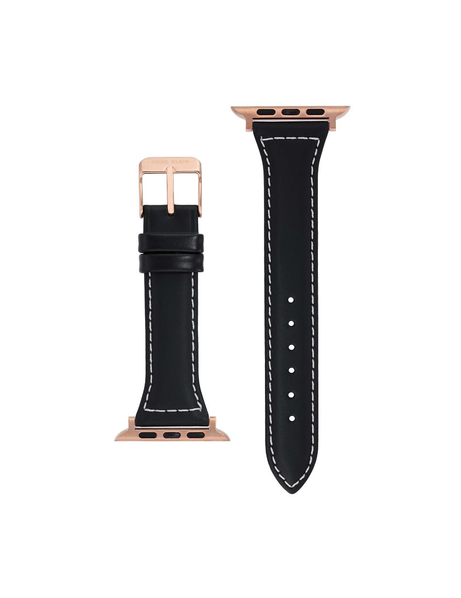 Anne Klein Stitched Leather Band Apple Watch Accessories Black / Rose / Gold | MSGHR73450