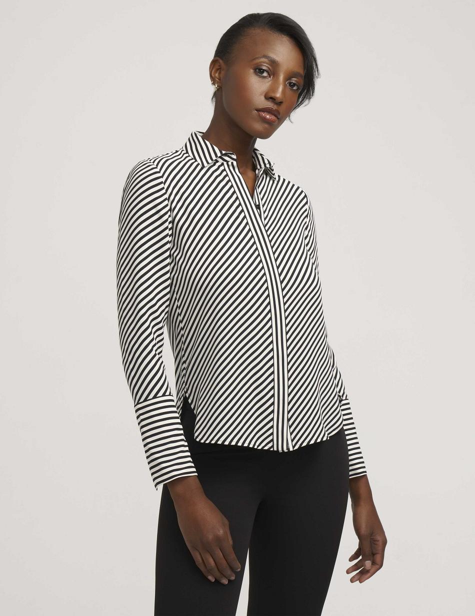 Anne Klein Stripe Blouse With Slit Cuffs Tops Stripes | SGDFL21672