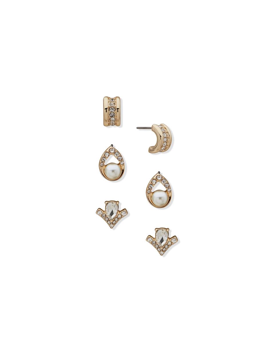 Anne Klein Stud Button and C Hoop Pierced Earring Trio in Gift Box Jewelry Sets Gold | BSGSD33213