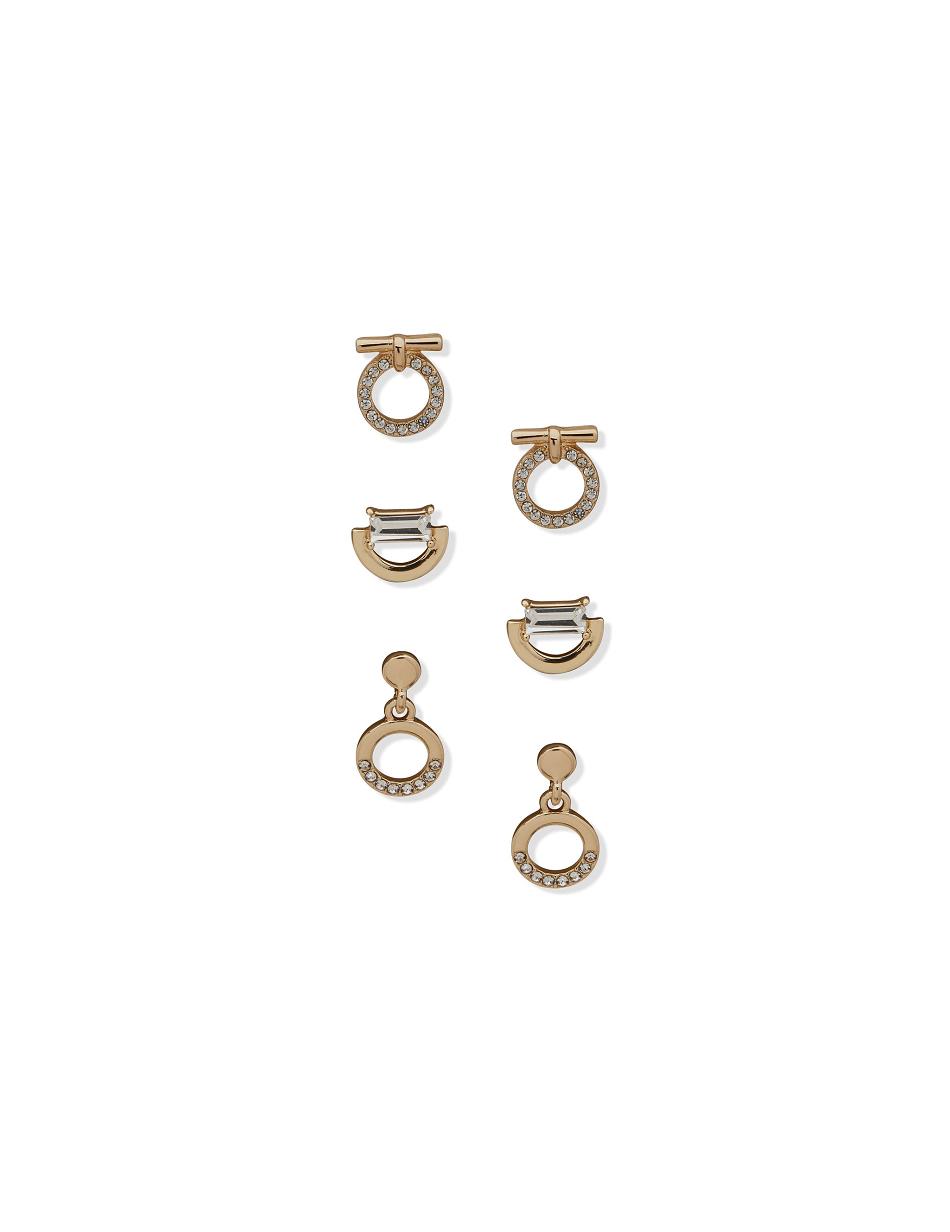 Anne Klein Stud Drop and Circle Pave Pierced Earring Trio in Gift Box Pierced Earrings Gold | SGJVR57931