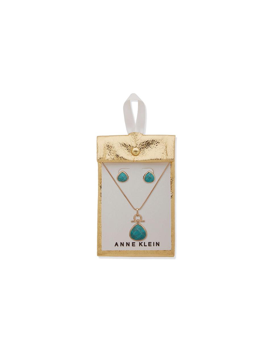 Anne Klein Tear Drop Pendant Necklace and Earring Set in Pouch Jewelry Sets Gold / Blue | MSGHR28549