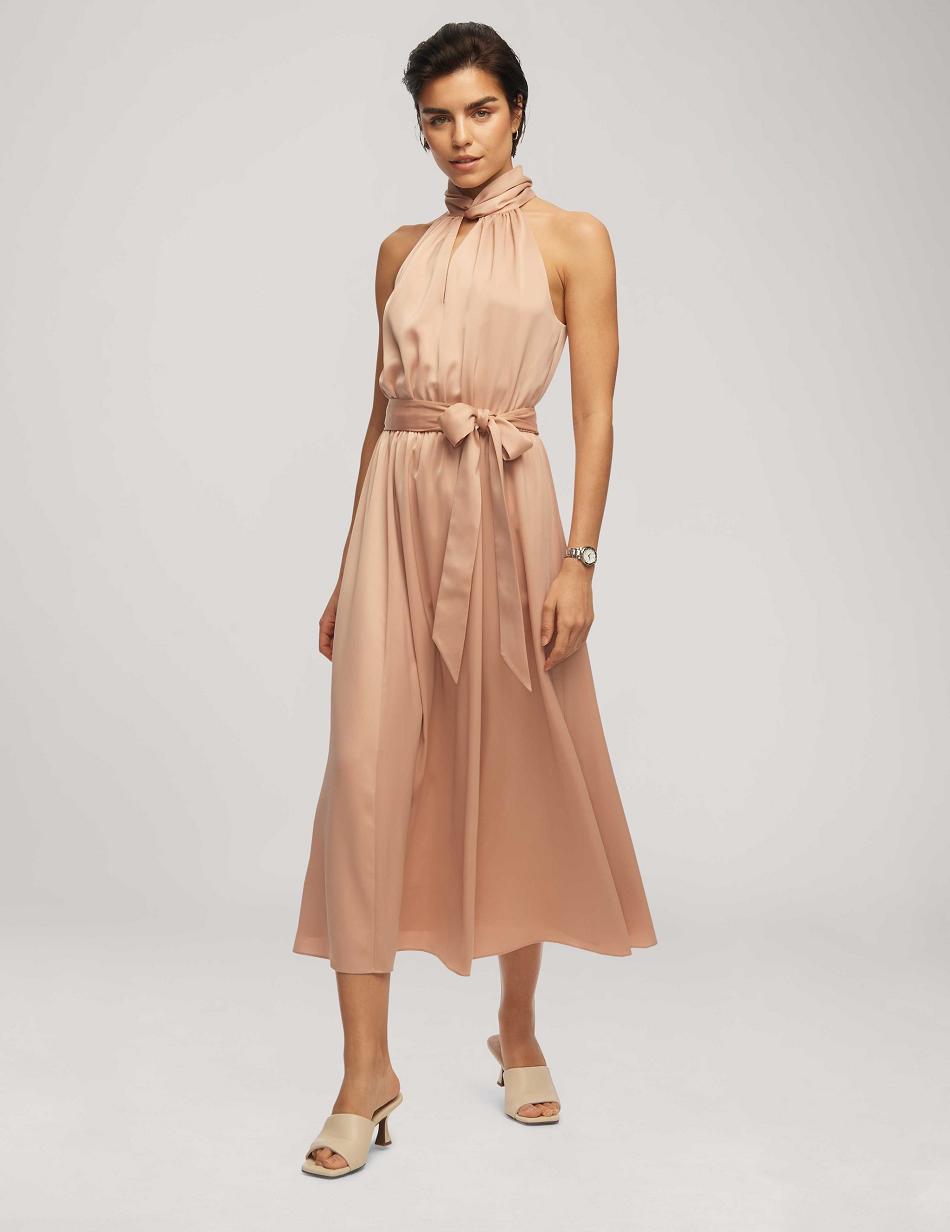 Anne Klein Twist Neck Halter Midi With Sash Dress Pink | MSGFT25535