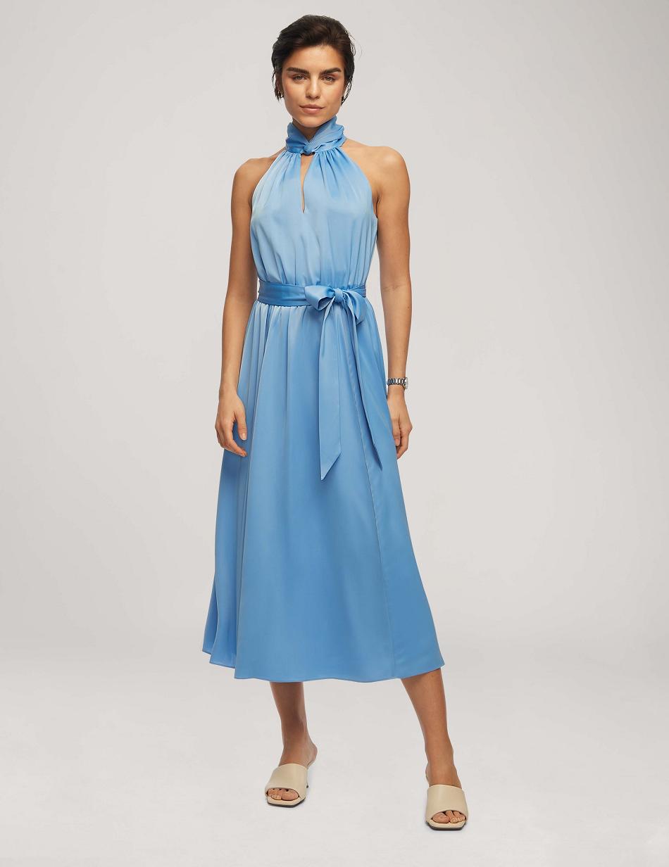 Anne Klein Twist Neck Halter Midi With Sash Dress Blue | SGNZX37327