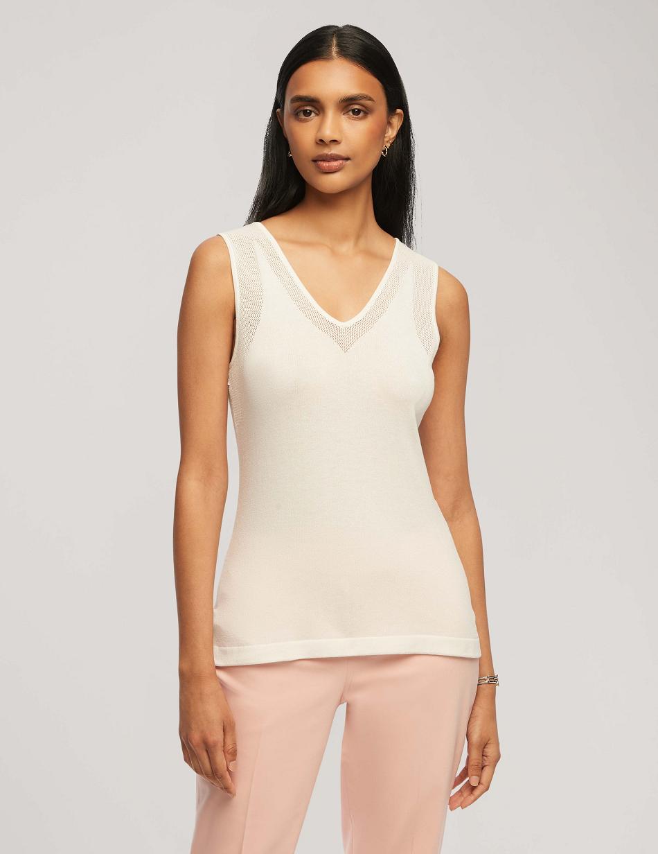 Anne Klein V Neck Mesh Tank Top Tops White | SGEGJ50639