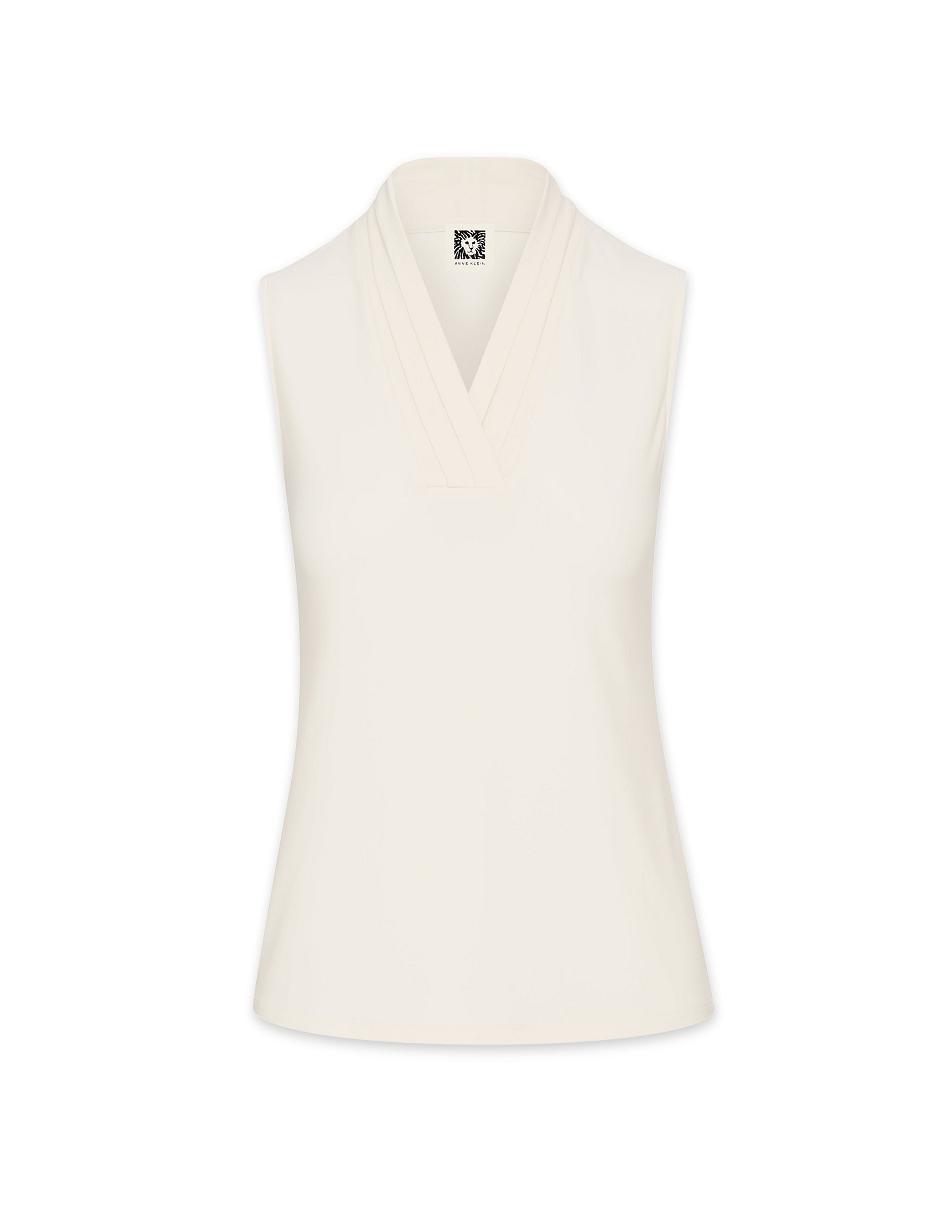 Anne Klein V-Neck Triple Pleat Top Petite White | SGZDE71855