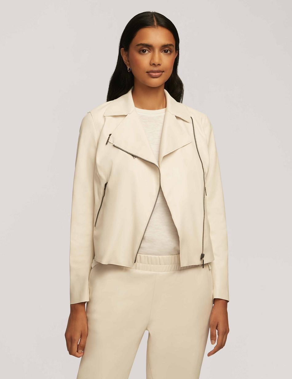 Anne Klein Vegan Leather Zip Front Moto Blazers White | FSGHY78828